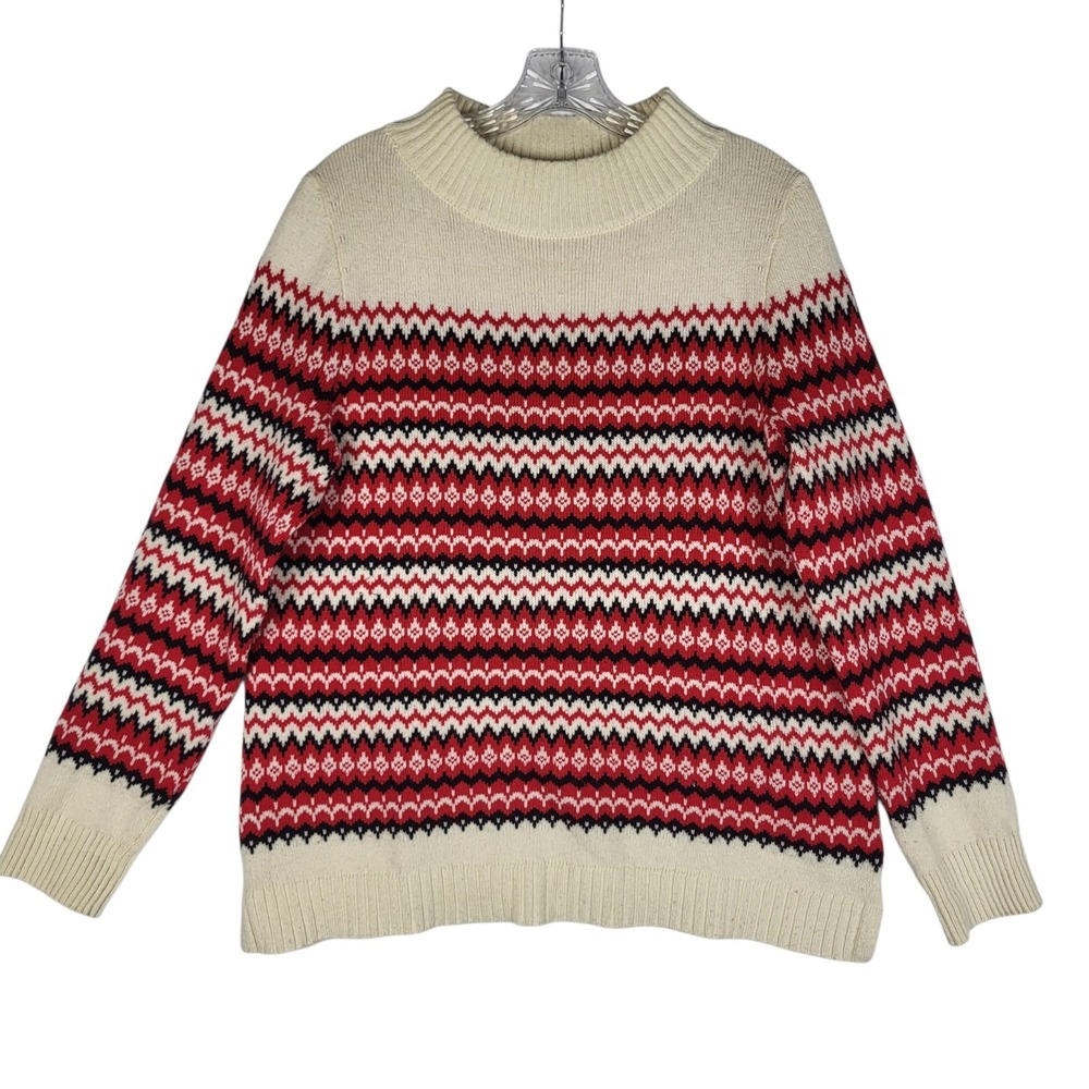 Talbots Wool Sweater Women's Medium Red White Fair Isle‎ Fisherman Cabincore